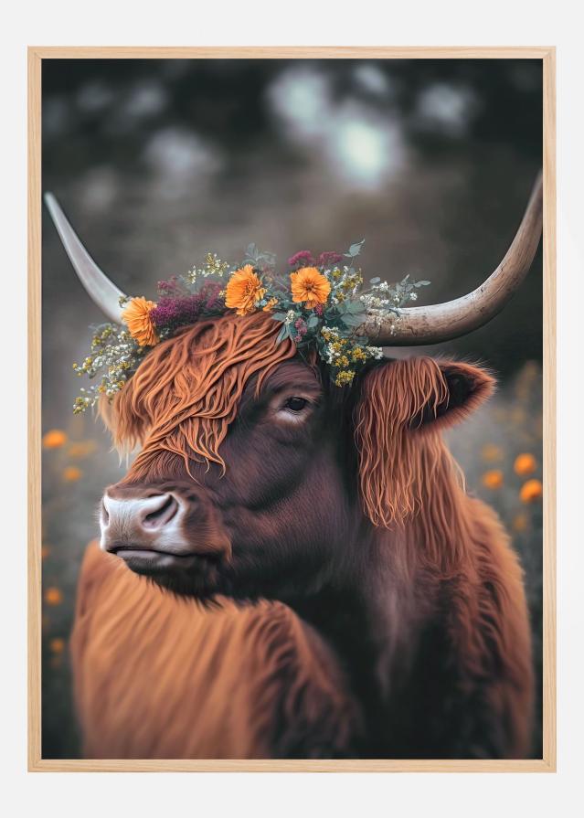 Highland Cow With Flowers Poszter