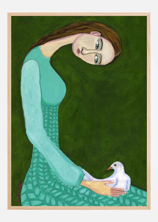Lady sitting with white dove bird woman Poszter