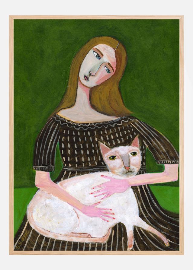 vintage lady with white cat Poszter