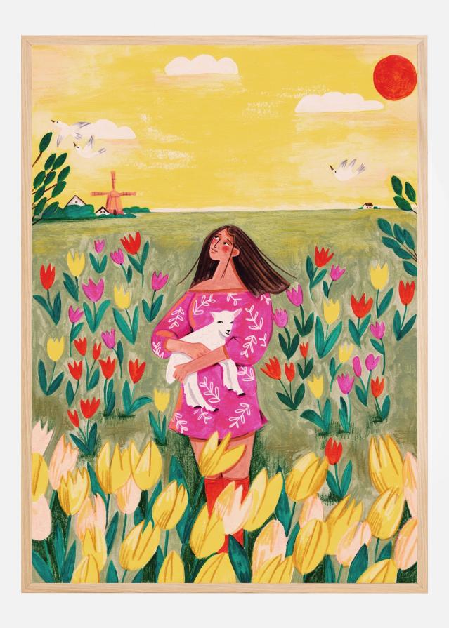 Woman in spring tulip field Poszter