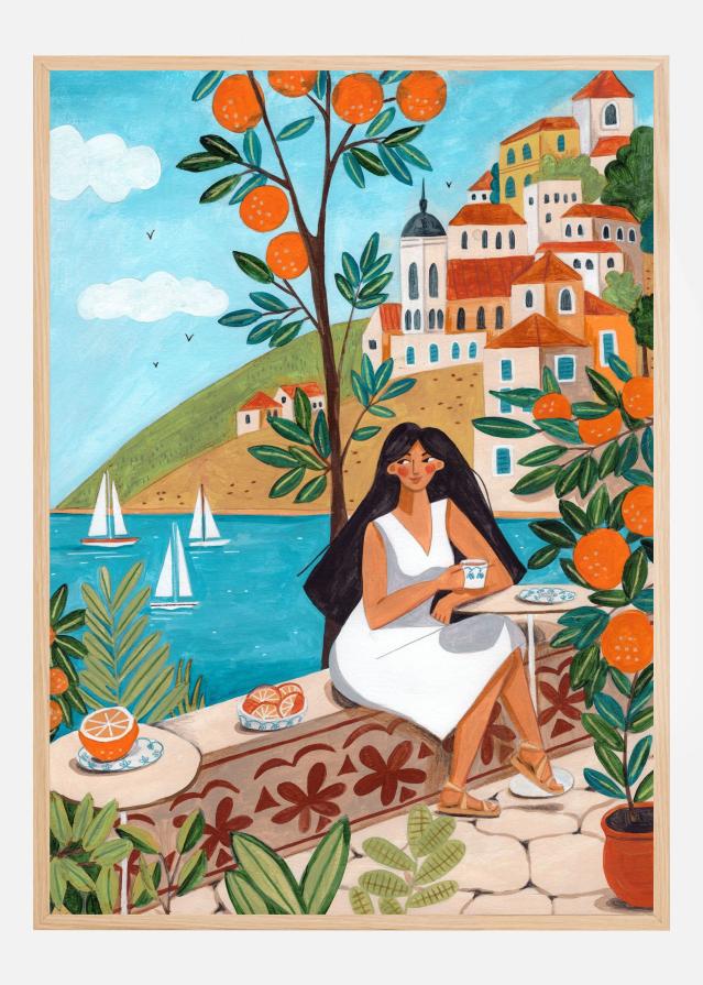 Travel woman in Mediterranean coast Poszter
