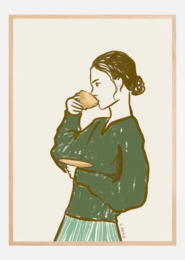 Woman Drinking Tea in Green Poszter
