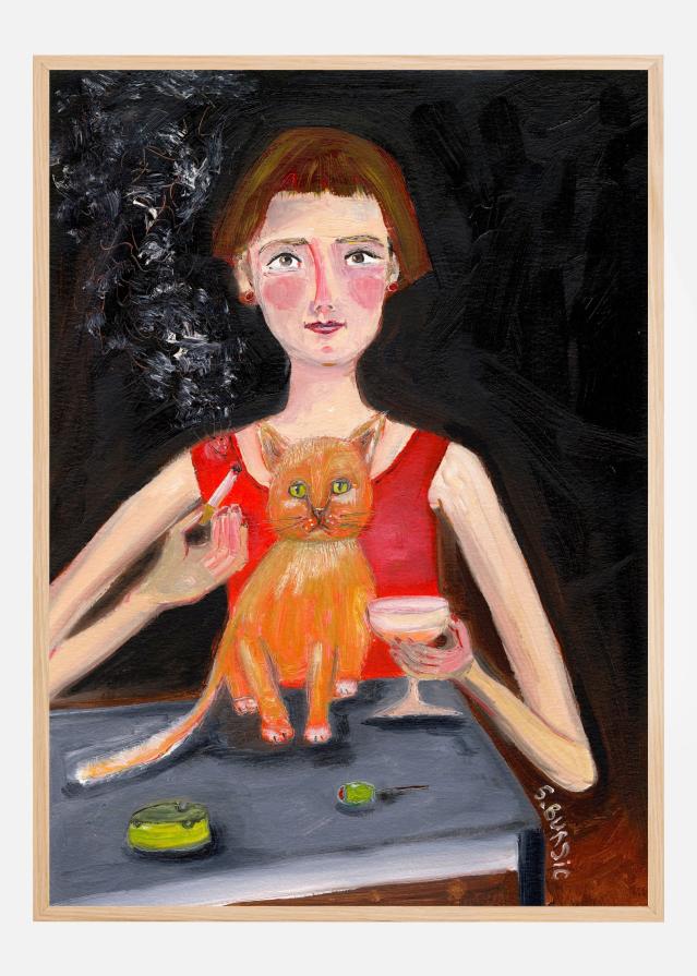 Vintage woman with cocktail and cat Poszter