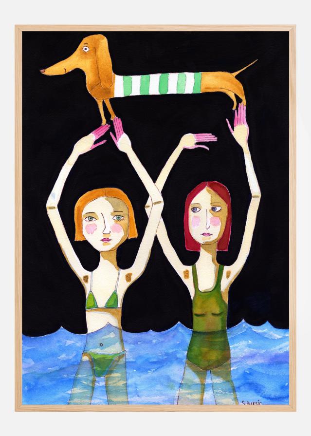 Swimming Girls with Sausage Dog Poszter