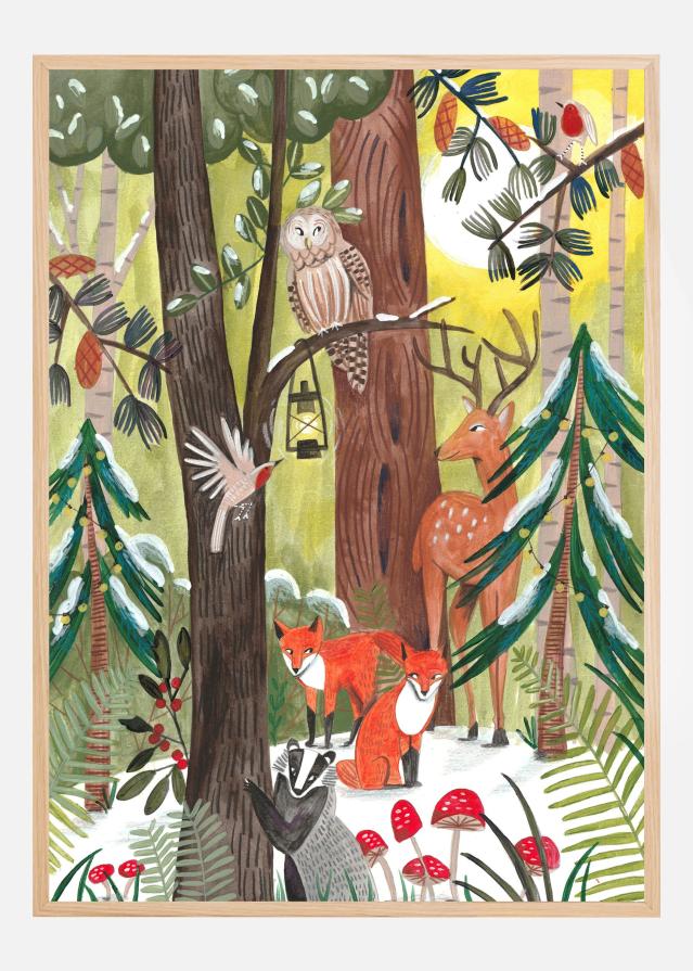 Green Christmas forest with animals Poszter