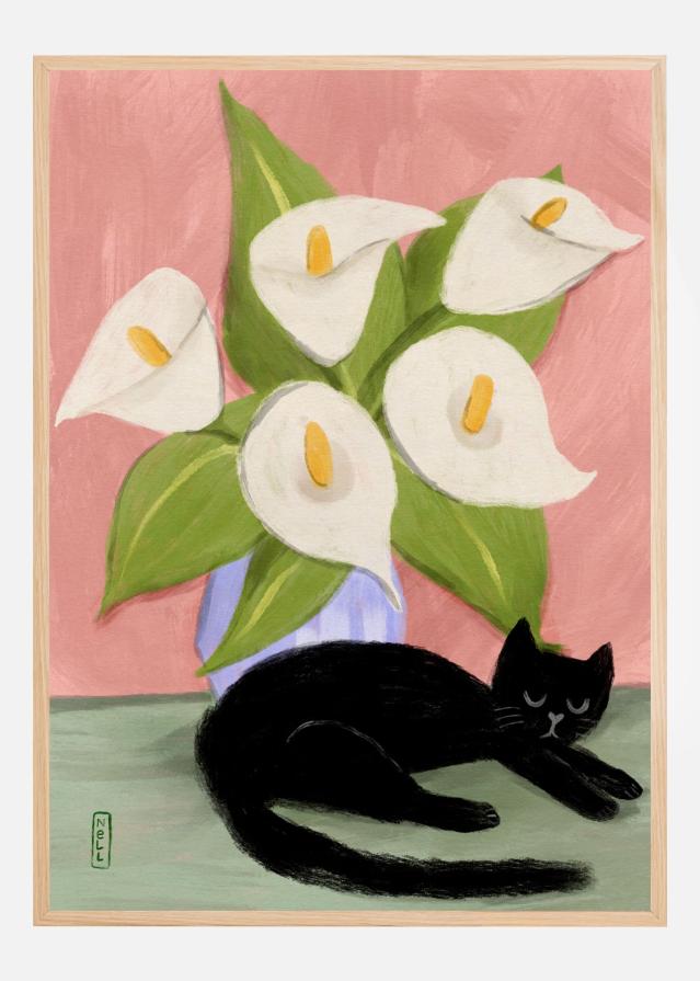 Lilies In a Vase and a Black Cat - Still Life Poszter