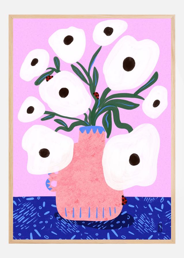 White Poppies and Ladybirds Floral Poszter