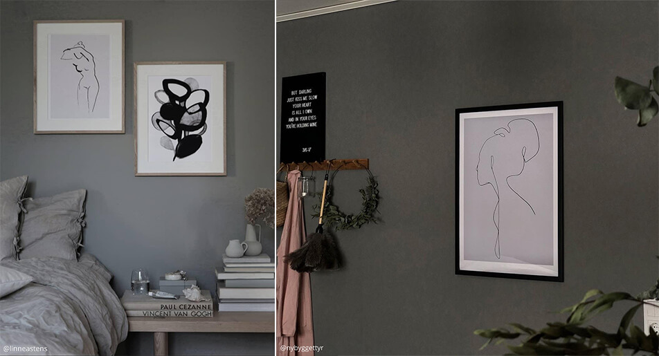 Ljusa, grafiska posters på mörka väggar