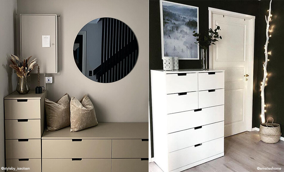 Előszobai berendezés – tárolós ülőpad és fehér komód