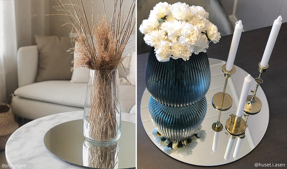 Rund spegel som bricka för ljus och blommor