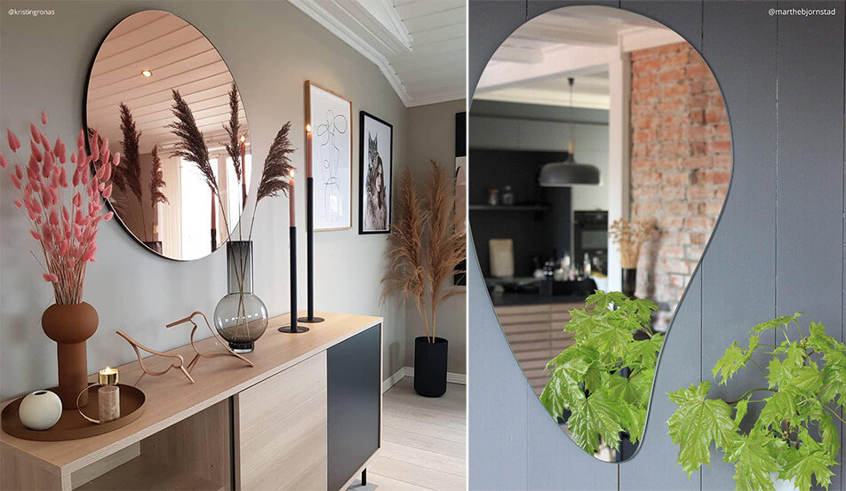 Rózsaarany, kerek tükör szürke falon – csepp alakú tükör szürke falon